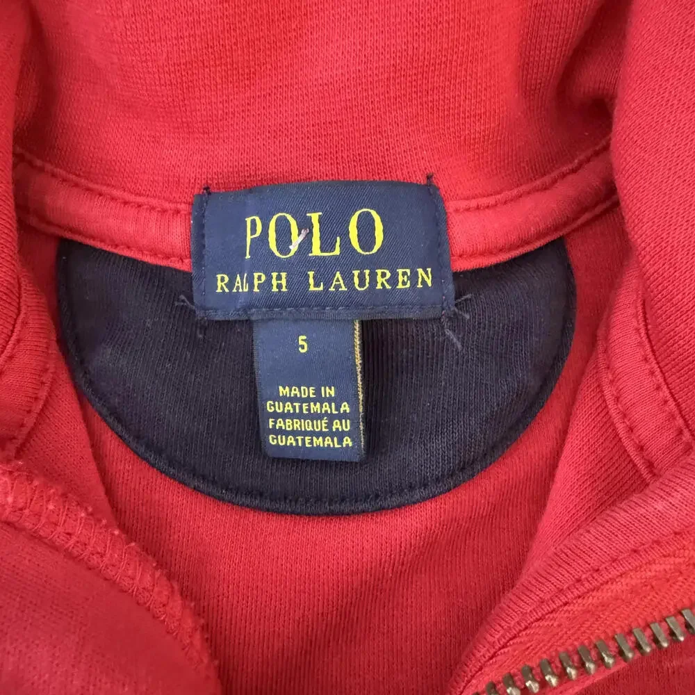 POLO RALPH LAUREN Boys Red Cotton Quarter Zip Leather pull SZ 5 Luxury Preppy‎